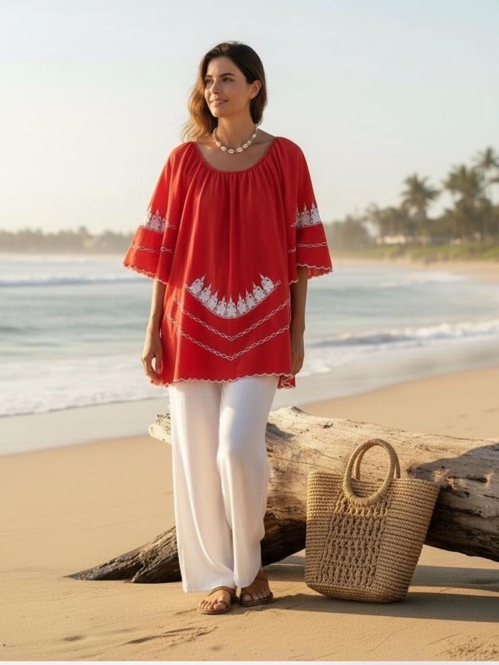 Vintage Red Embroidered Boho Tunic Top Tropical Resort Beach Coverup Size Large
